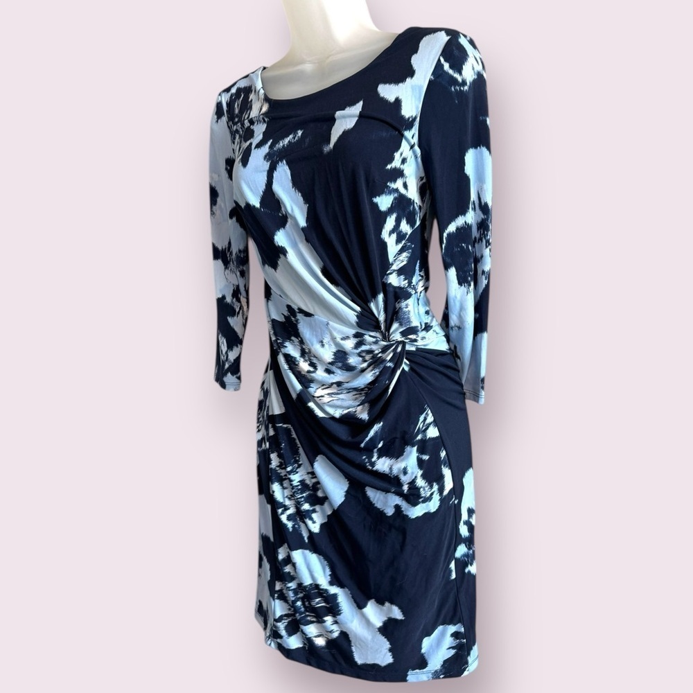INC International Concepts Blue Ruched Abstract Dress 3/4 Sleeve S - Picture 4 of 9